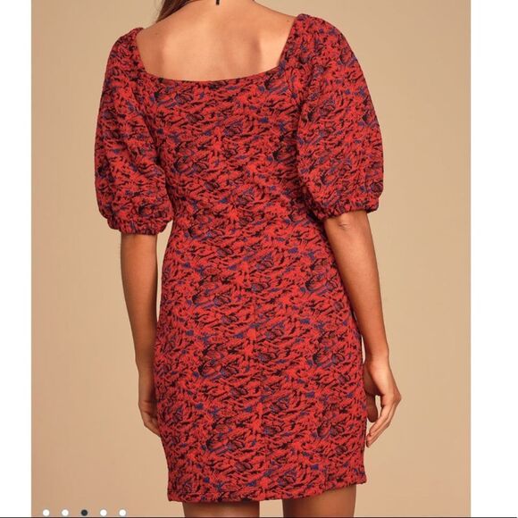 NWT Free People Sunset Red Multi Print Puff Sleeve Bodycon Mini Dress - Picture 5 of 8